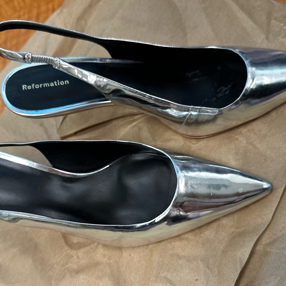 USED Reformation Metallic Silver Chrome Slingback Heels